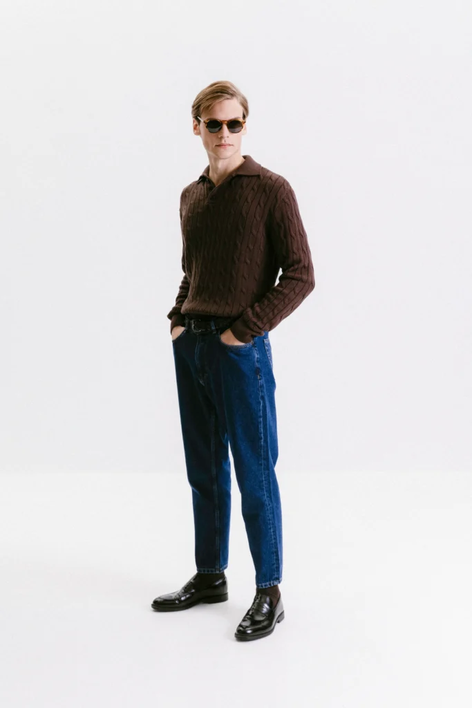 Chocolate cotton sweater with polo collar be Gentleman 2