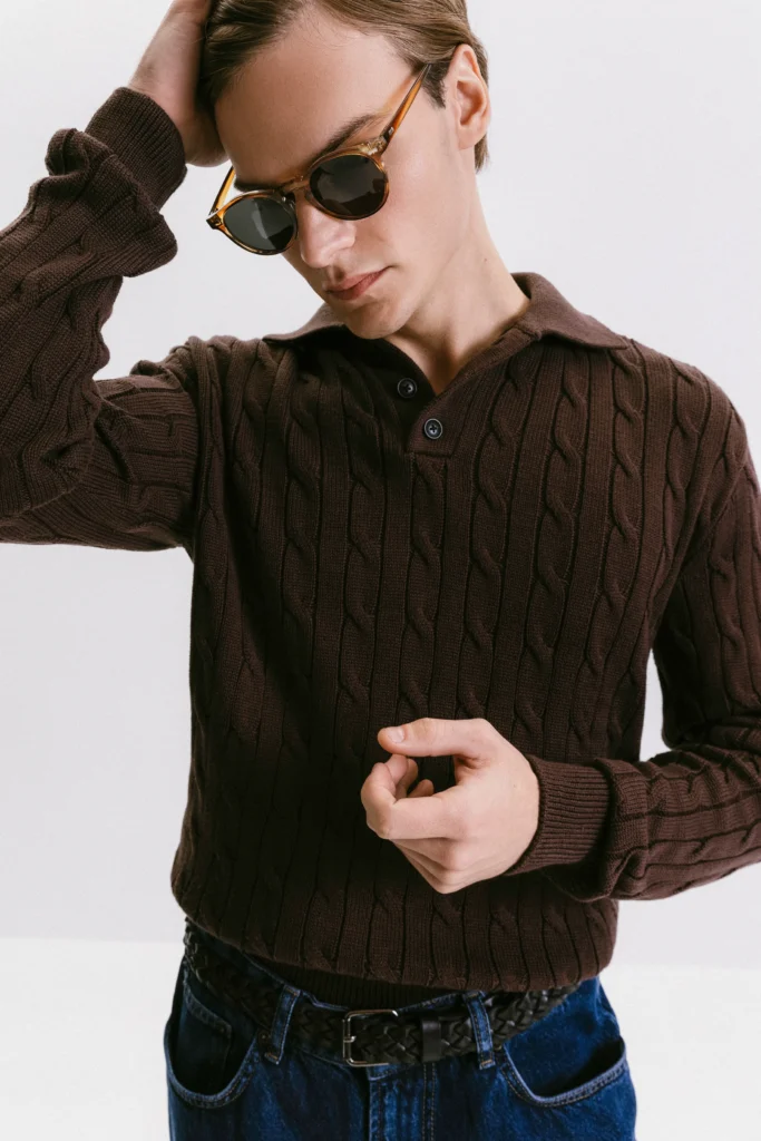 Chocolate cotton sweater with polo collar be Gentleman 2