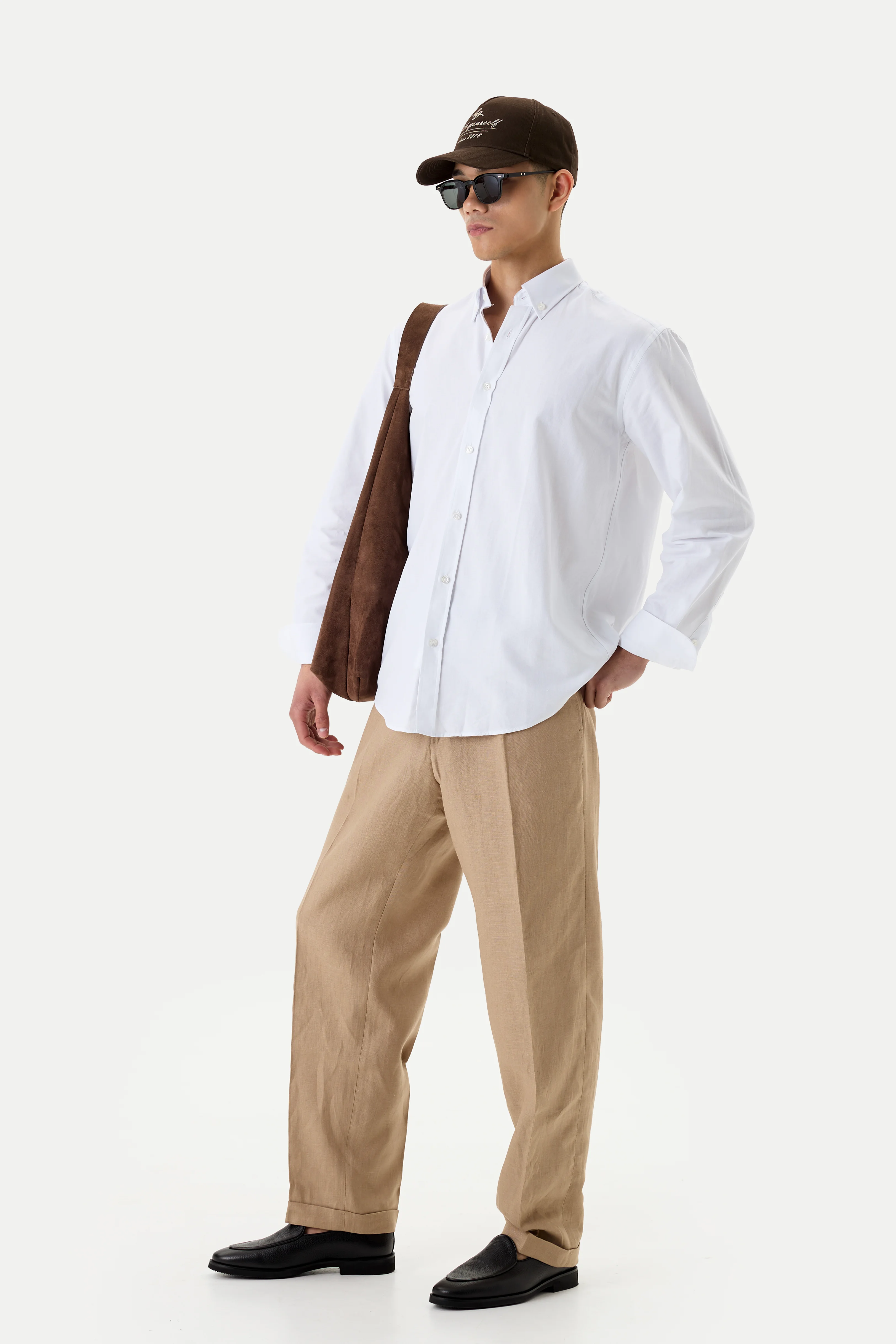 Штани вільного крою лляні із защипами бежеві